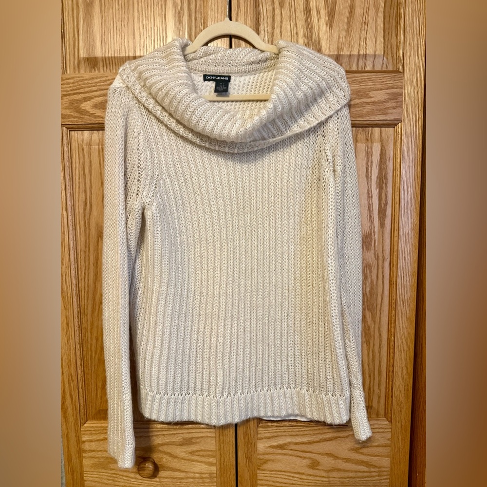 DKNY Cream Ribbed Cowl Neck Sweater